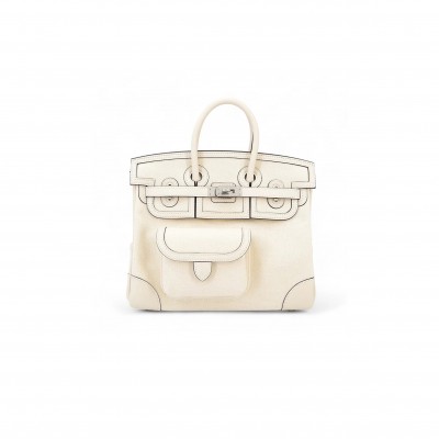 HERMES MASTER BIRKIN 25 CREAM WHITE LEATHER CANVAS SILVER BUCKLE 1305777953 (25*20*13cm)